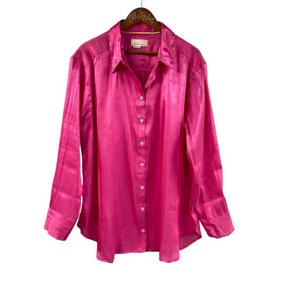 Anthropologie Tops - by Anthropologie Pink Shiny Silky Shirt Long Sleeve Blouse Iridescent